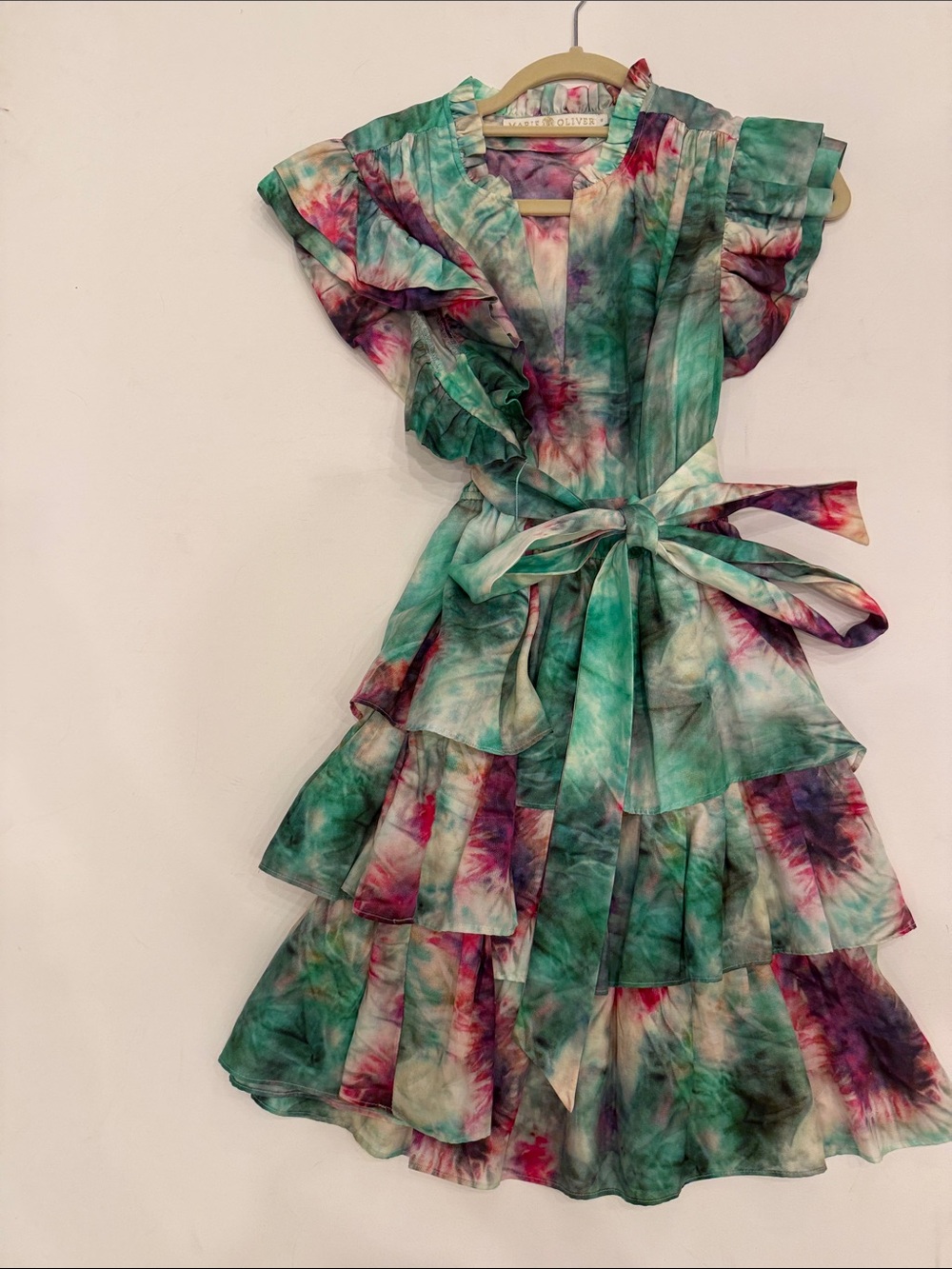 Marie Oliver Green Tie-Dye Tiered Ruffle Dress with Pink and Purple Accents